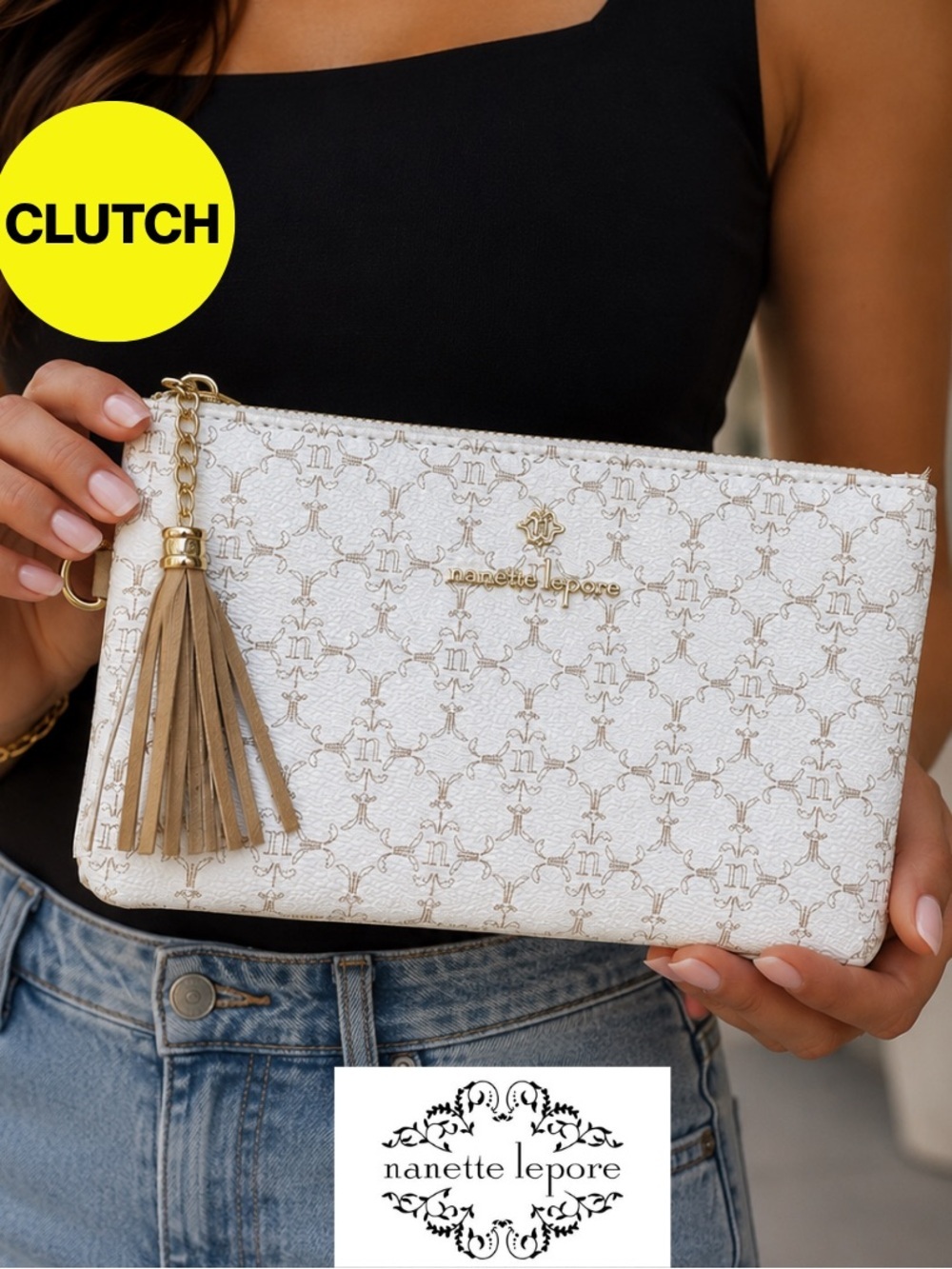 NANETTE LEPORE ⚜️Cream,Tan Logo Monogrammed Tassel Clutch Purse - Like New 5x8”